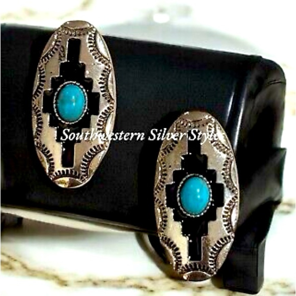 Tribal Replica Navajo Shadow Box Blue Howlite Turquoise Silver Plated Earrings